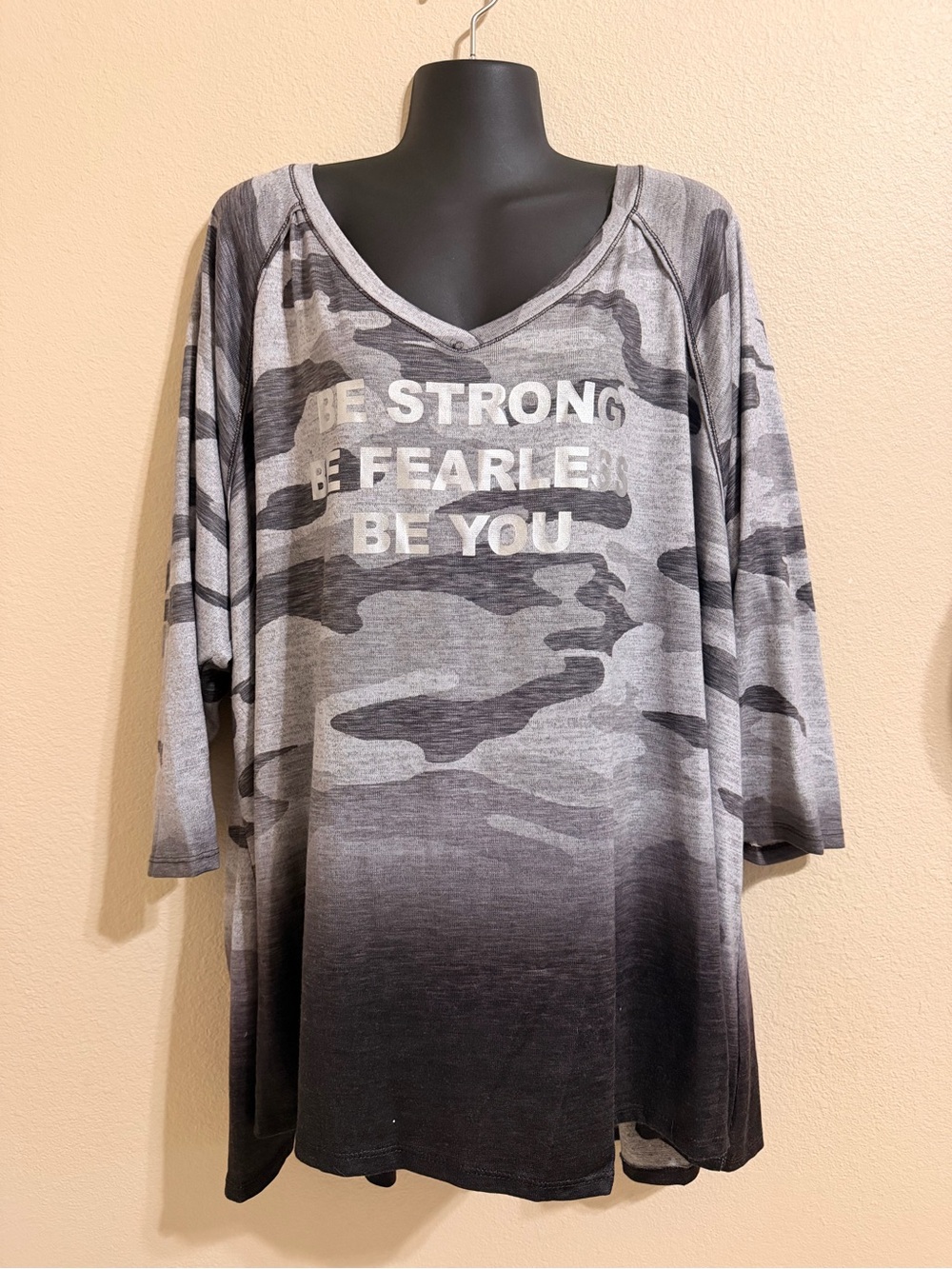 Avenue Gray Camo V-Neck Tunic with Inspirational Text